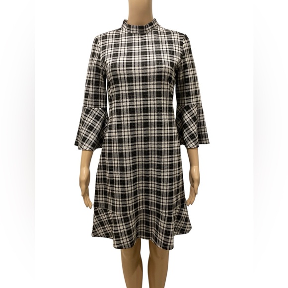Tyler Boe Plaid Black and White Women's Rollover Neck Bell SleevesDress XS